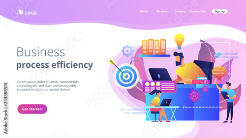 Business team and work process steps from idea to target. Business workflow, business process efficiency, working activity pattern concept. Website vibrant violet landing web page template.