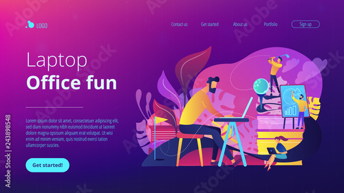 People in office working at the laptop, running presentation and playing golf as a concept of break, office fun, games and stress management. Violet palette. Website landing web page template.