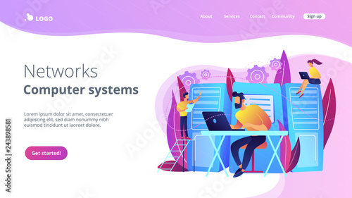 System administrators or sysadmins are servicing server racks. System administration, upkeeping, configuration of computer systems and networks concept. Violet color. Website landing web page template