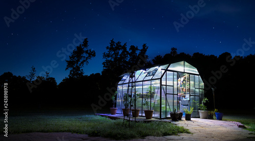 Night greenhouse lighted with stars shining brightly above.