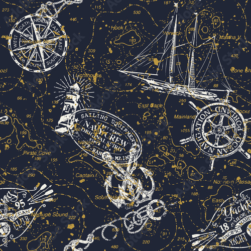 Grunge vintage nautical chart  with marine badges and elements vector seamless pattern