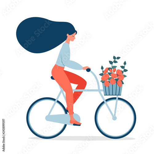 Woman ride on bicycle with bouquet in basket. Bicycle riding girl with flying hair. Vector illustration 