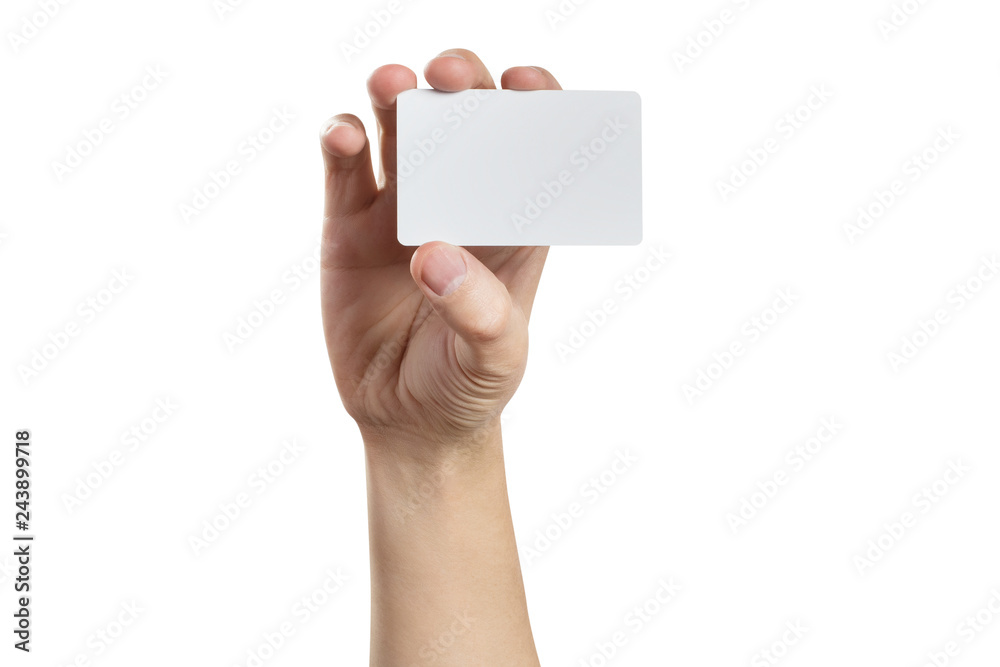 Obraz premium Male hand holding a blank card or a ticket/flyer, isolated on white background