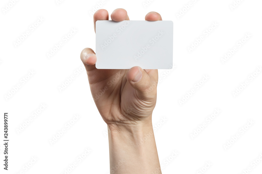 Male hand holding a blank card or a ticket/flyer, isolated on white background Male hand holding a blank card or a ticket/flyer, isolated on white background