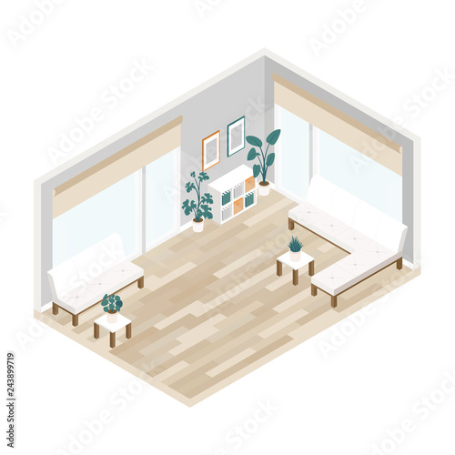 Modern office interior with a white couches standing under large windows, potted flowers, bookcase, wooden floor.Large lobby with waiting areas and free space in the center