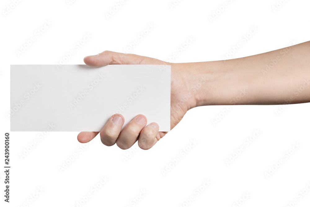 Hand holding a blank sheet of paper (ticket, flyer, invitation, coupon, banknote, etc.), isolated on white background Hand holding a blank sheet of paper (ticket, flyer, invitation, coupon, banknote, etc.), isolated on white background