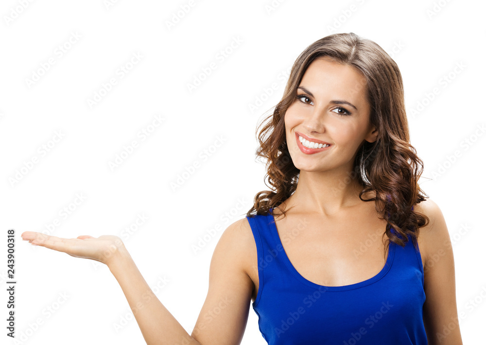 Fototapeta premium Beautiful young woman showing, on white