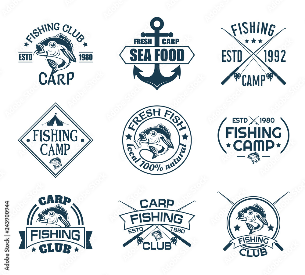 Set of isolated icons with fish for fisherman club