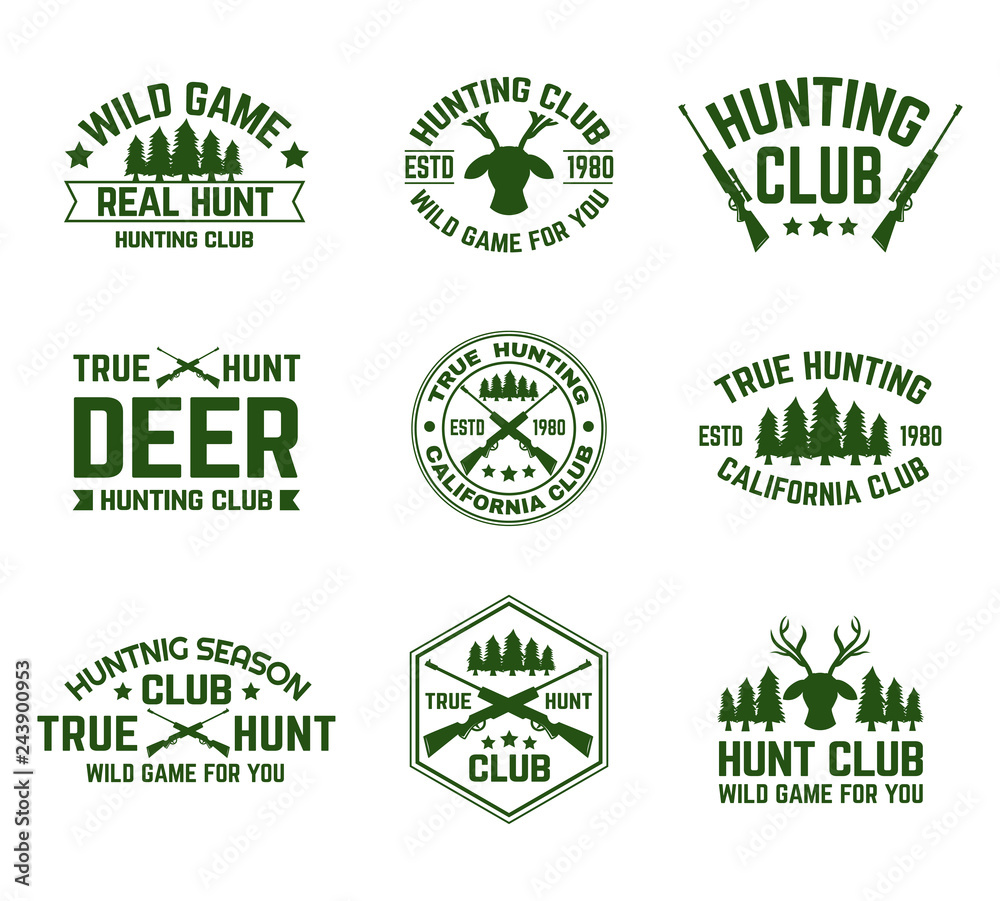 Set of isolated hunting emblems with deer and guns Set of isolated hunting emblems with deer and guns