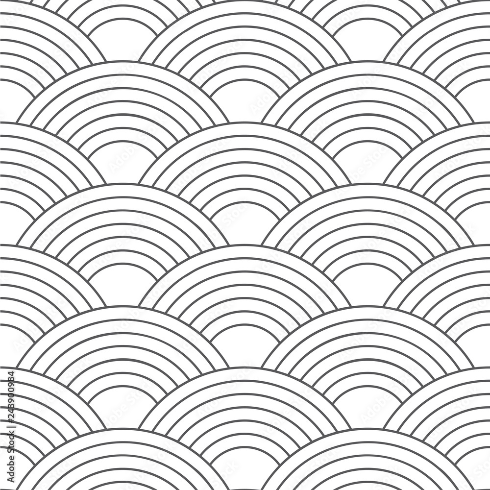 Seamless pattern. Wave. Fish scales texture. Vector illustration. Scrapbook, gift wrapping paper, textiles. Black and white simple background. Chinese ornament Seamless pattern. Wave. Fish scales texture. Vector illustration. Scrapbook, gift wrapping paper, textiles. Black and white simple background. Chinese ornament