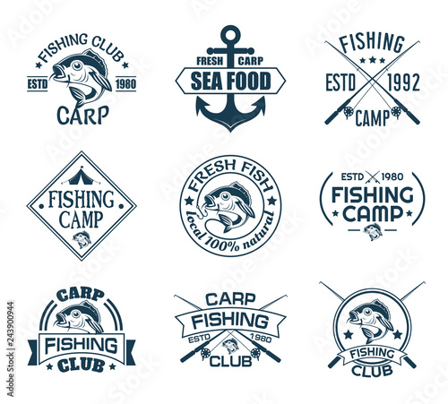 Set of isolated icons with fish for fisherman club
