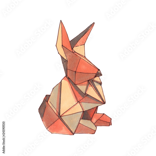 Watercolor geometric illustration of rabbit origami. Isolated on white background.