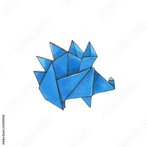 Watercolor geometric illustration of hedgehog origami. Isolated on white background.