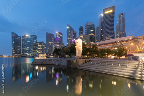 Singapore skyline at the Marina during twilight.Aerial view of Singapore business district for background