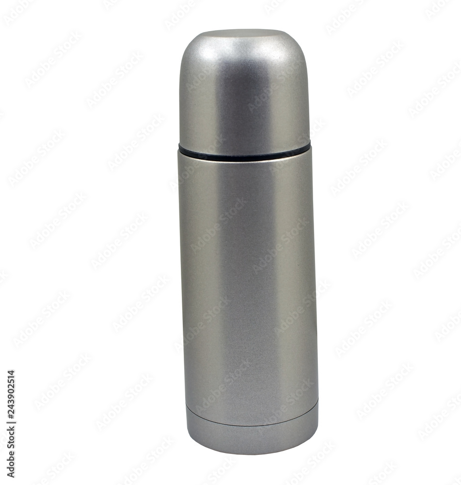 metal thermos on white