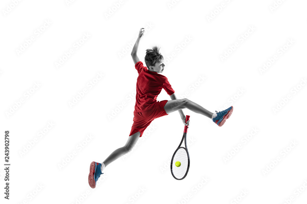 Young teen boy tennis player in motion or movement isolated on white studio background. The sport, exercise, training concept Young teen boy tennis player in motion or movement isolated on white studio background. The sport, exercise, training concept