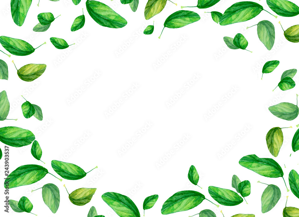 Seamless watercolor frame illustration with green spring leaves