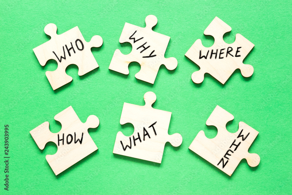 Puzzles with questions Who, Why, Where, How, What, When on the green ...