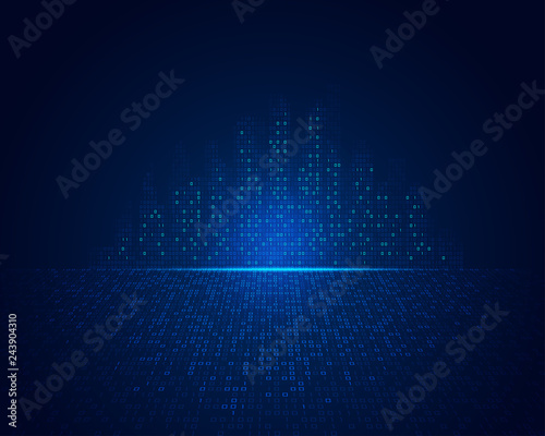 concept of technology in city or smart city, shape of buildings combined with binary code