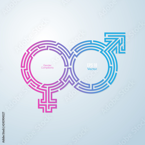 concept of complexity of genders, male and female sign combined with maze