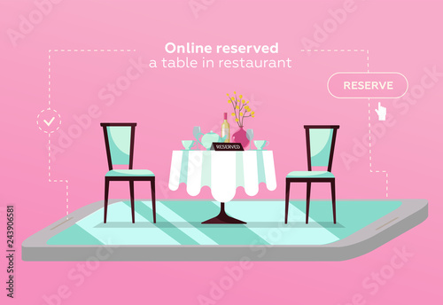 Online reserved table in cafe. Concept Reserved in restaurant. Flat restaurant table on smartphone. online mobile reservation app concept. Flat cartoon vector illustration