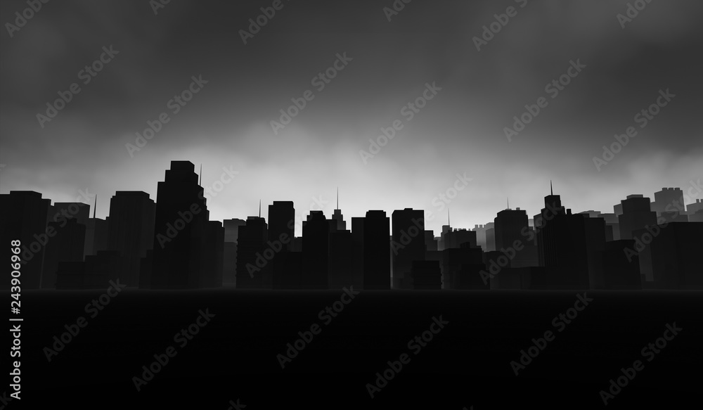 Naklejka premium Silhouette cityscape background. Black buildings with smoke. Dramatic concept. 3D Rendering Illustration.