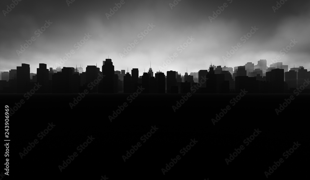 Silhouette cityscape background. Black buildings with smoke. Dramatic concept. 3D Rendering Illustration.