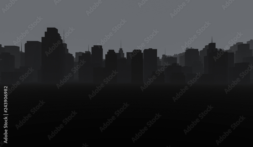 Dark Cityscape background. Black buildings with smoke. 3D Rendering Illustration.