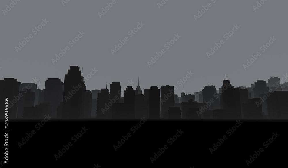 Dark Cityscape background. Black buildings with smoke. 3D Rendering Illustration.