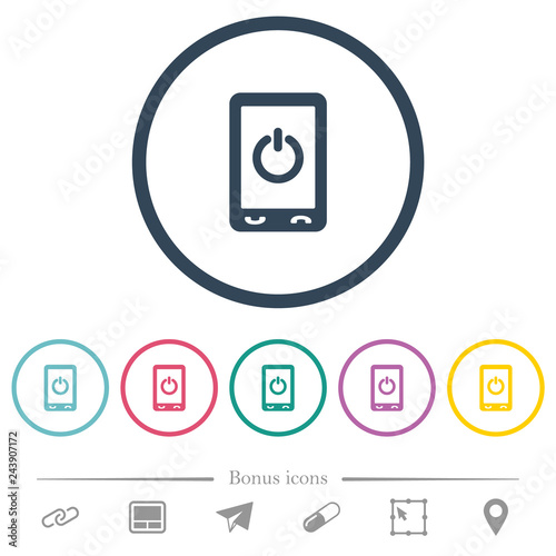 Mobile power off flat color icons in round outlines