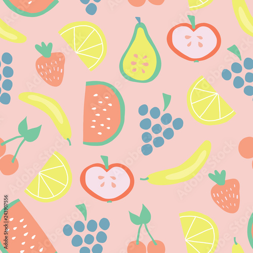 Seamless fruit pattern with bananas apples pear grapes lemons cherries strawberries watermelon on pink background. Juicy summer fruit cute vector design. Food illustration flat simple Scandinavian art