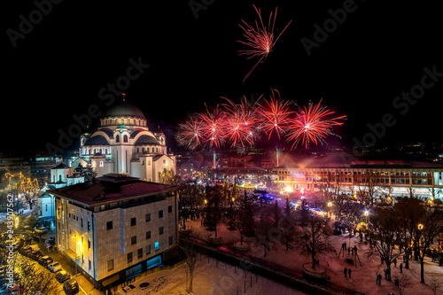 Belgrade, Serbia - January 14, 2019: Orthodox New years eve celebration with fireworks over the Church of Saint Sava at midnight in Belgrade, Serbia