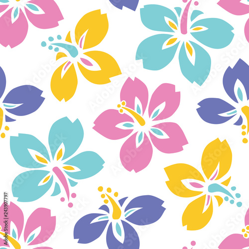 Large Bold Colorful Tropical Exotic Hibiscus Floral Vector Seamless Pattern. Oversize Lush Tropical Blooms