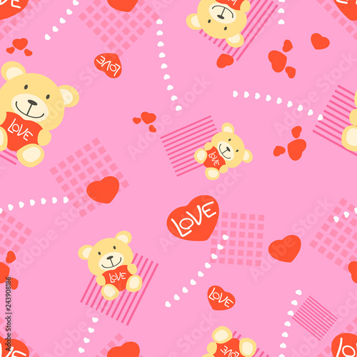Seamless pattern created by hearts and bear and several objects in simple pink background