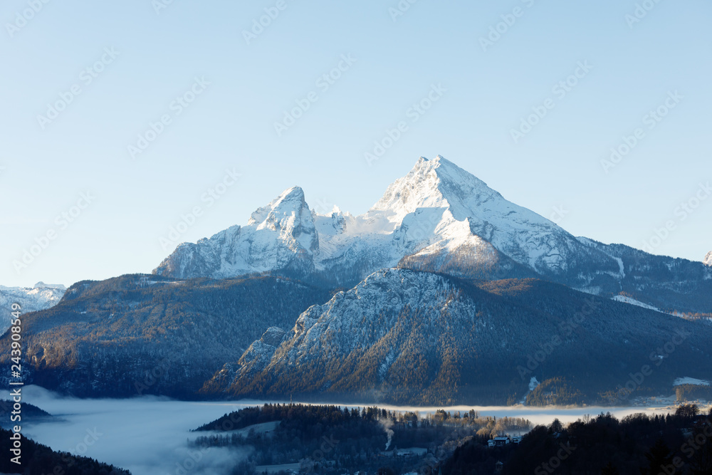 Mountain Watzmann an sunrise in winter with fog in valley, Berchtesgaden, Bavaria