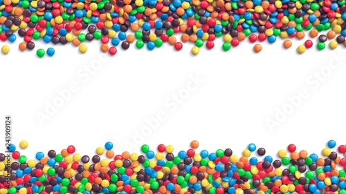 Double border of colorful coated chocolate candies on white background 3d rendering