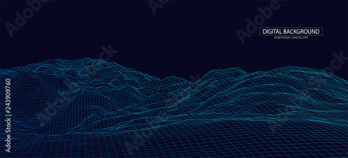 Wireframe landscape background. Futuristic vector illustration.