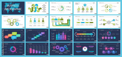 Business infographic creative design set can be used for annual report, web design, workflow layout. Workflow concept. Option, venn, cycle, donut charts, bar graph, flowchart