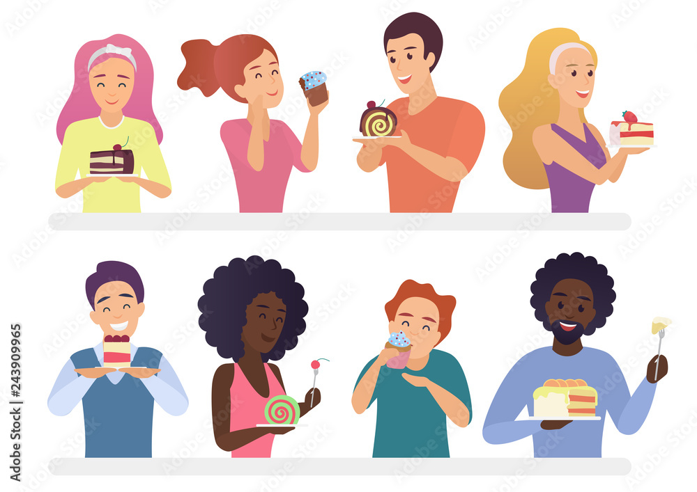 Happy people eating pie and cakes set. Sweet-tooth man and woman cartoon vector illustration. Happy people eating pie and cakes set. Sweet-tooth man and woman cartoon vector illustration.