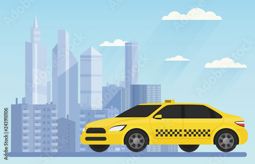 Yellow modern taxi car on the urban city background landscape vector illustration.