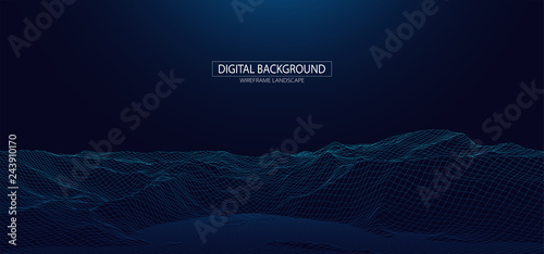 Wireframe landscape background. Futuristic vector illustration.