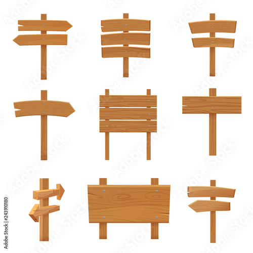 Wooden pointers signboards set cartoon vector illustration.