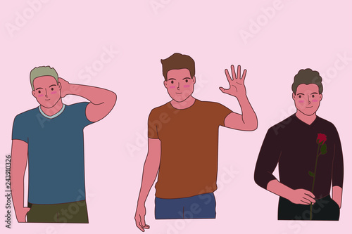 Vector isolated smiling young guys, love, relationship, shy boy, smile, flower.