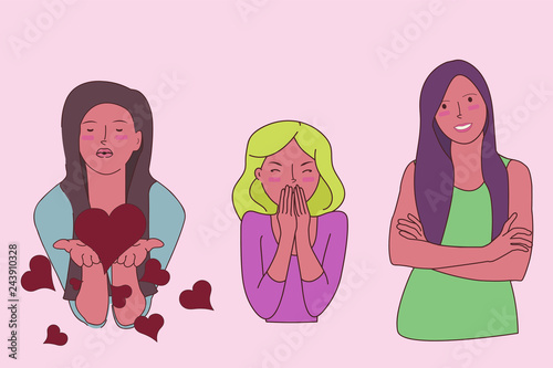 Vector isolated smiling Young girls, love, relationship, shy girls, giggling, smile, air kiss.