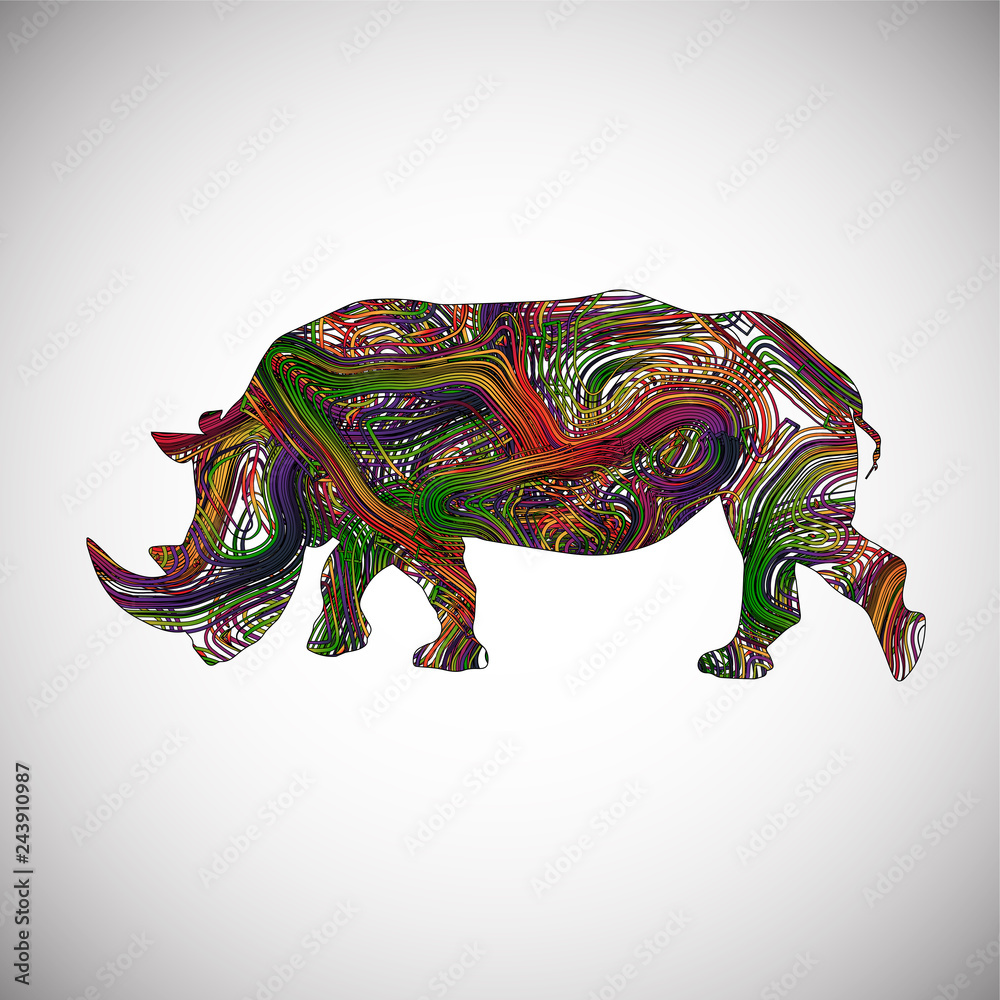Fototapeta premium Colorful rhino made by lines, vector illustration