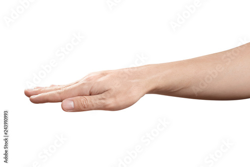 Male palm hand gesture, isolated on white background