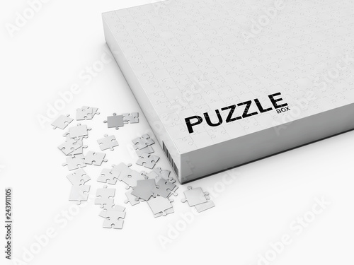 3d Illustration of Paper jigsaw puzzle box isolated on white background