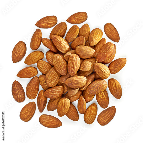 Almonds pile or heap from top view isolated on white background