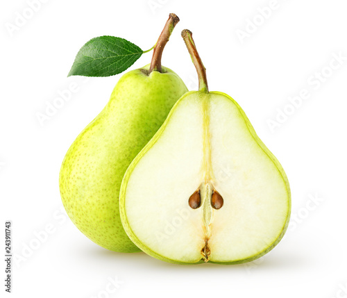 Isolated pears. Whole pear fruit and half with leaf isolated on white background with clipping path