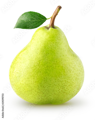 Isolated pear fruit. Whole pear with leaf with clipping path